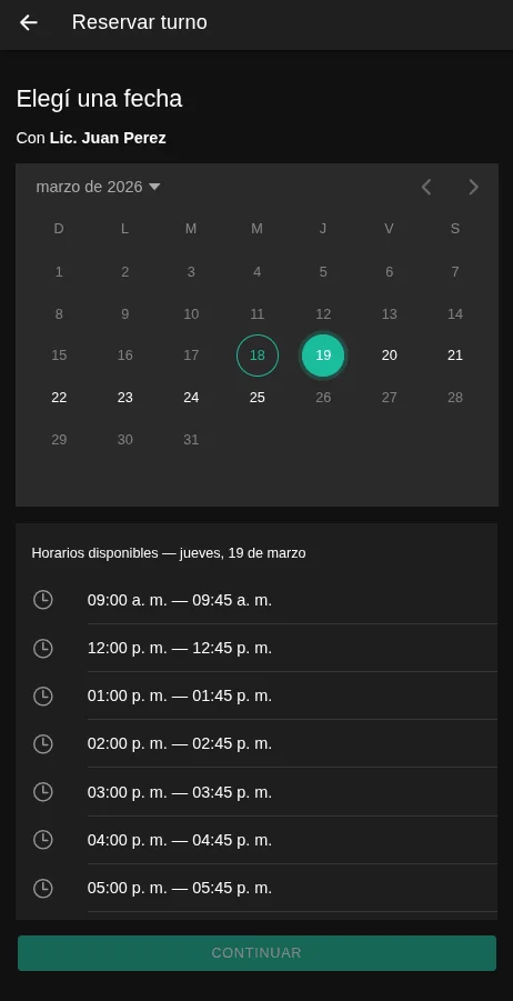 Selección de fecha y horario