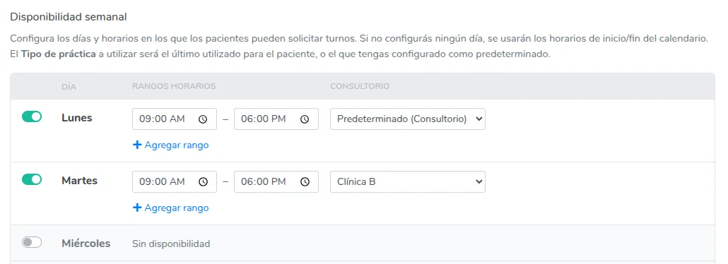 Consultorio de cada rango horario