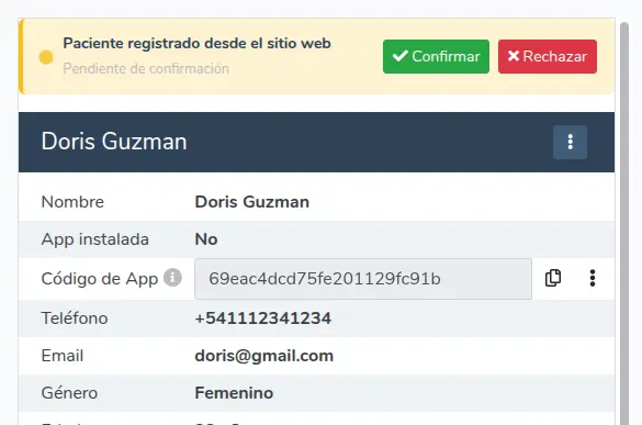 Banner de confirmación en el detalle del paciente