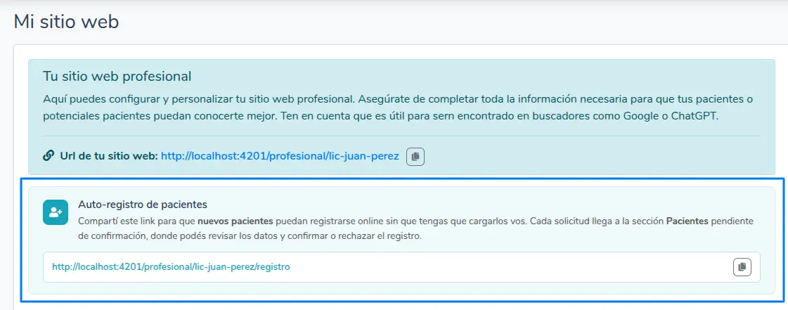 Link de auto-registro en Mi sitio web