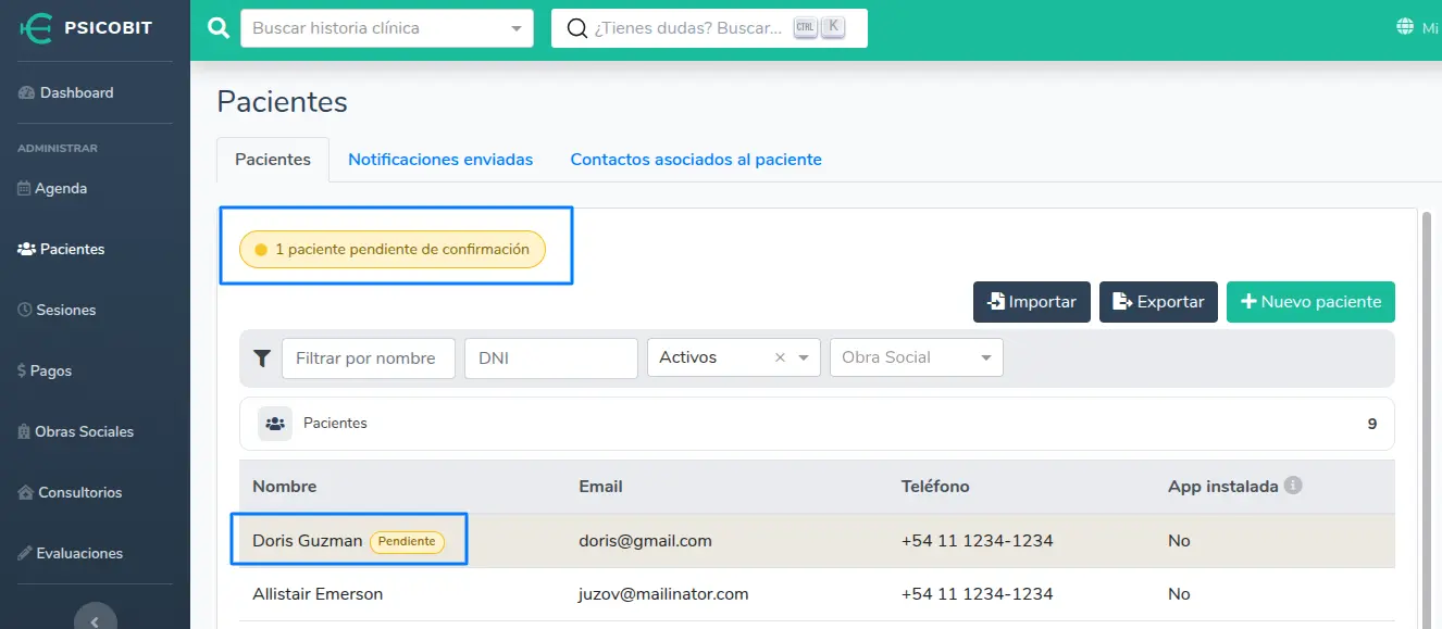 Listado de pacientes con pendientes