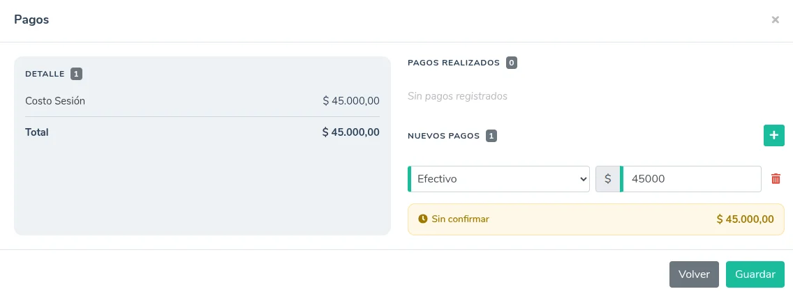 Nuevo pago sin confirmar en la ventana Pagos