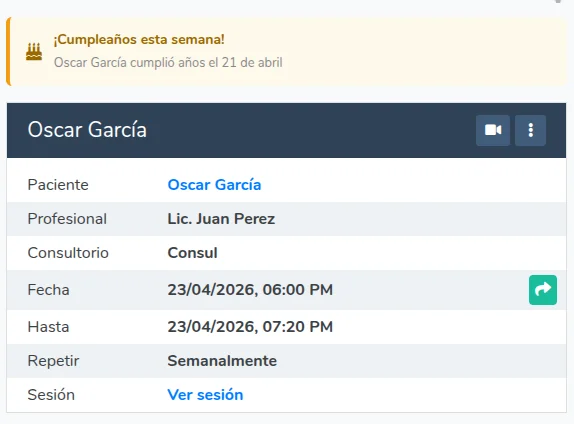 Aviso de cumpleaños en el detalle del turno