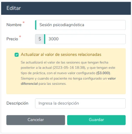Editar precio de tipo de práctica