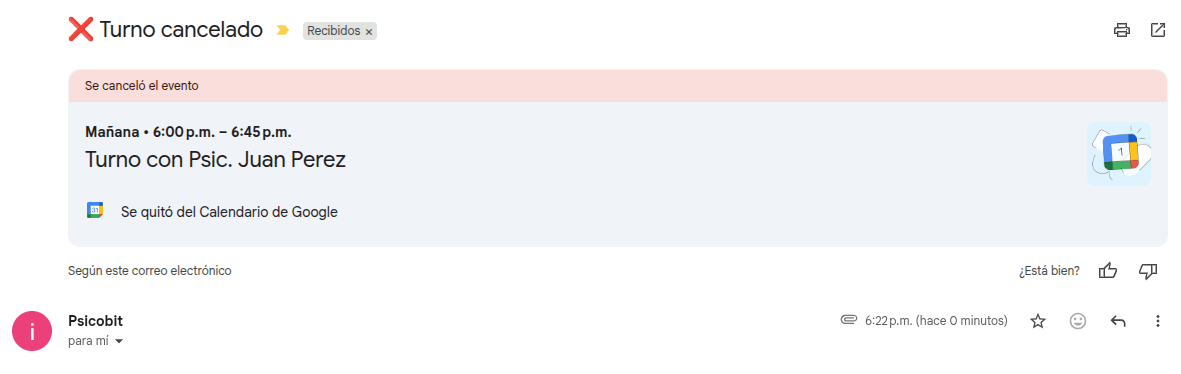 Email de turno cancelado con adjunto de calendario