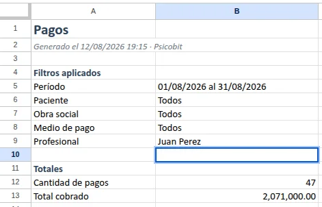 Hoja Resumen del archivo exportado