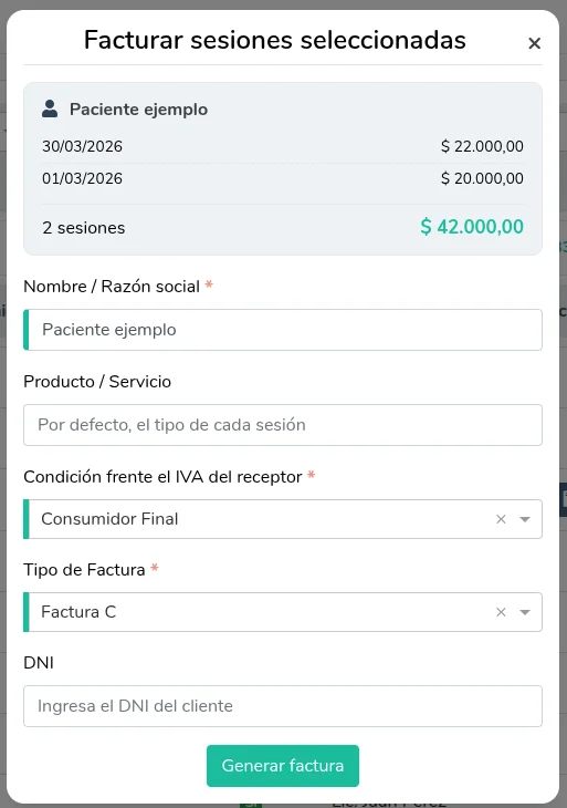 Modal para facturar las sesiones seleccionadas