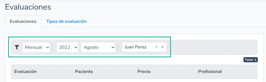 Filtros de evaluaciones