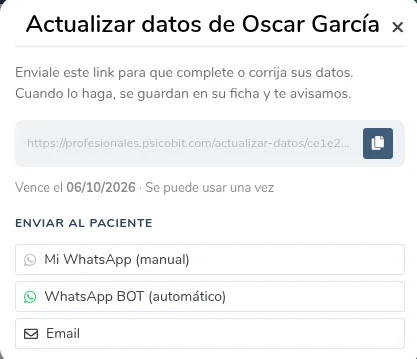 Ventana para enviar el formulario de datos