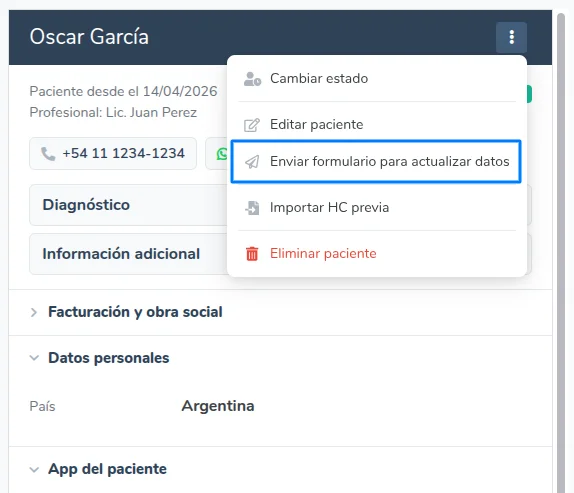 Opción Enviar formulario para actualizar datos en el menú del paciente