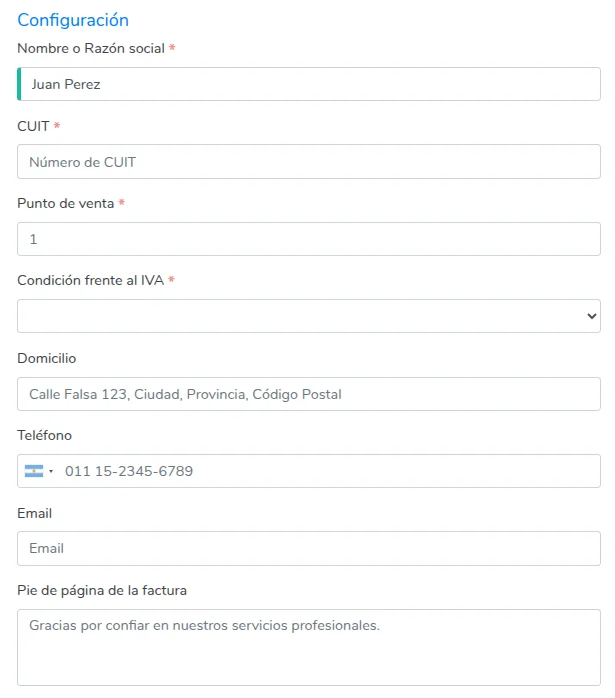 Formulario de configuración de Facturación Electrónica