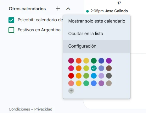 Configuración calendar en Google Calendar