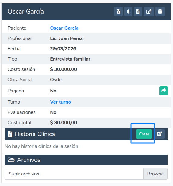 Historia clínica de la sesión