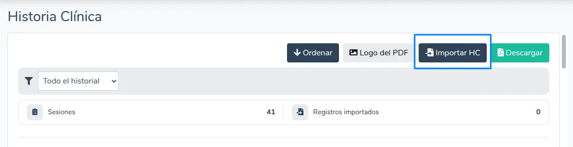 Botón para importar historia clínica previa