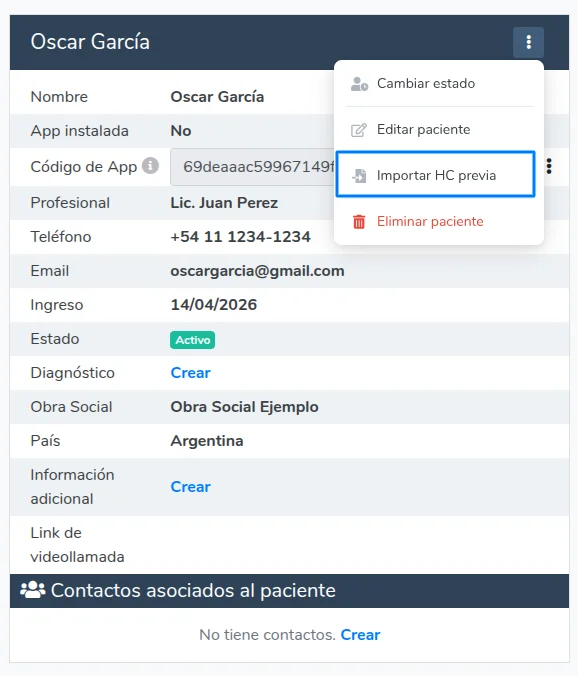 Importar historia clínica desde la ficha del paciente