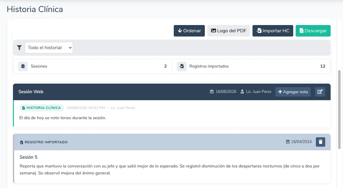 Registro importado en la historia clínica
