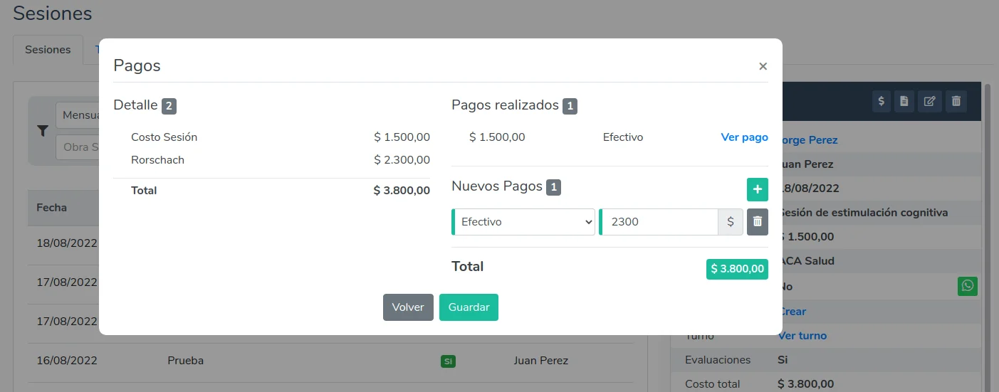 Pagos de una sesión