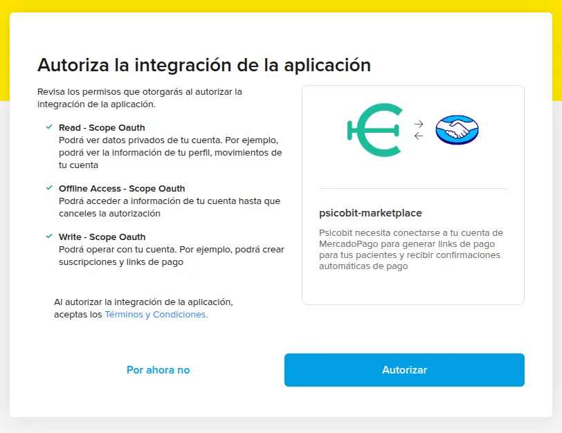 Autorizar integración de MercadoPago