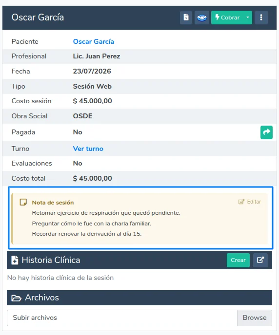 Aviso de nota de sesión en el detalle de la sesión
