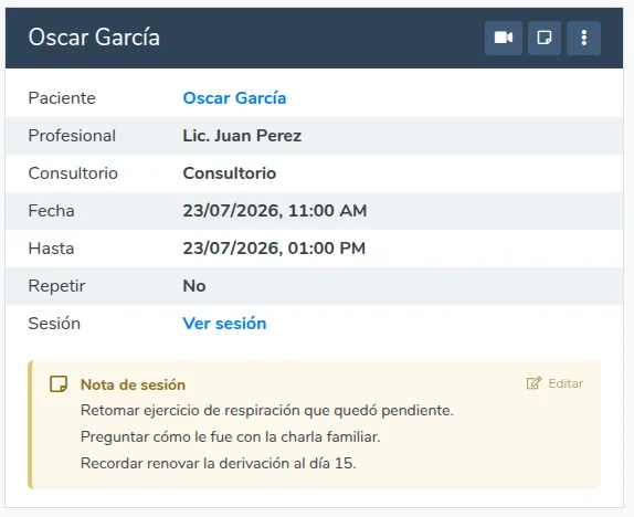 Aviso de nota de sesión en el detalle del turno