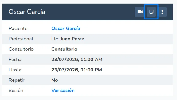 Botón de nota de sesión en el turno