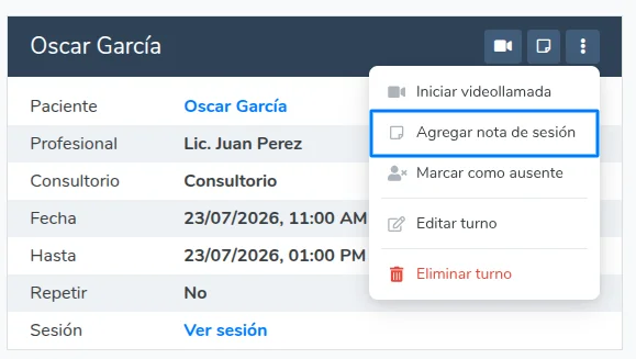 Nota de sesión en el menú de opciones del turno