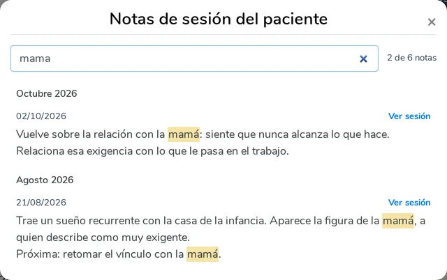 Búsqueda en las notas de sesión con las coincidencias resaltadas