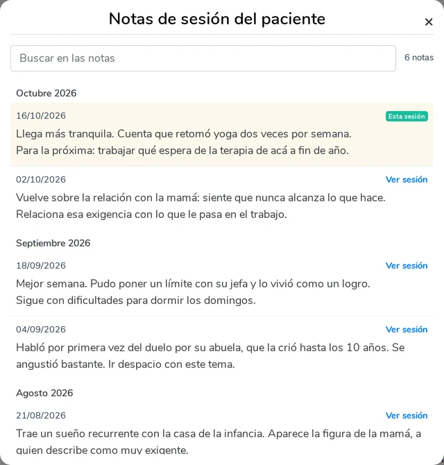 Ventana con todas las notas de sesión del paciente