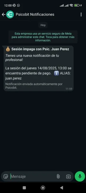 Recordatorio pago de sesión por WhatsApp