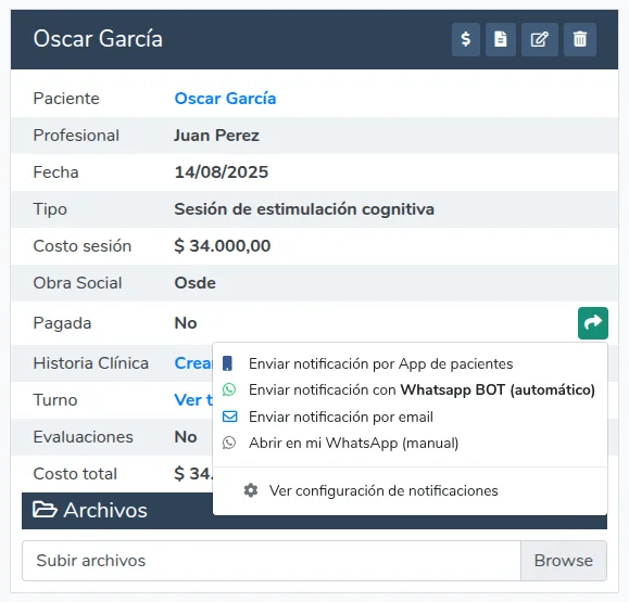 Recordatorio pago de sesión por WhatsApp