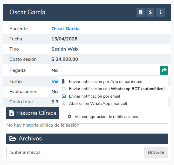 Recordatorio pago de sesión por WhatsApp