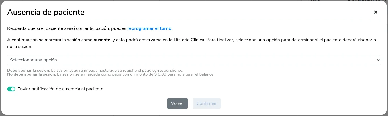 Registrar ausencia selección