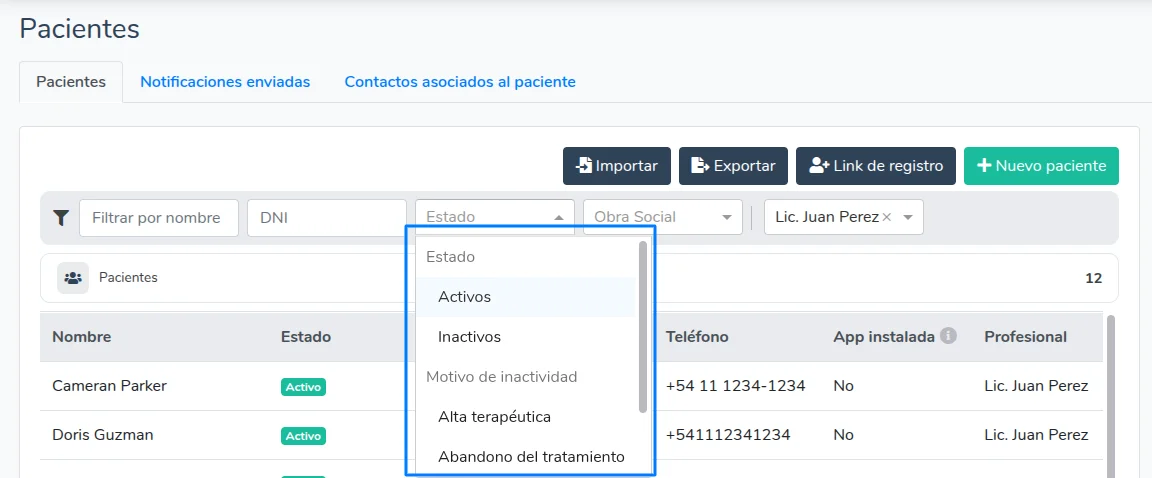 Filtrar pacientes inactivos