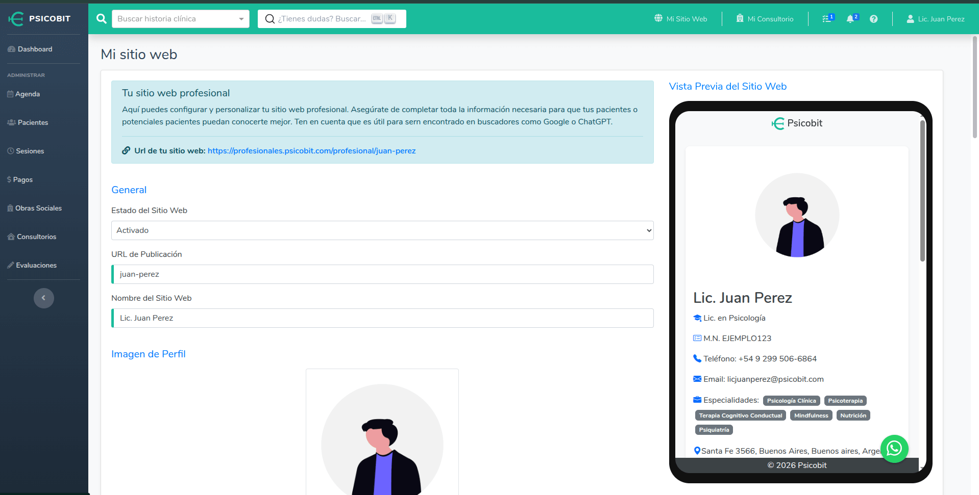 Sección Mi sitio web