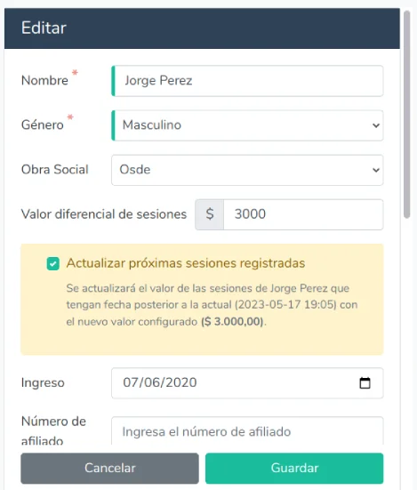 Editar valor diferencial de sesiones