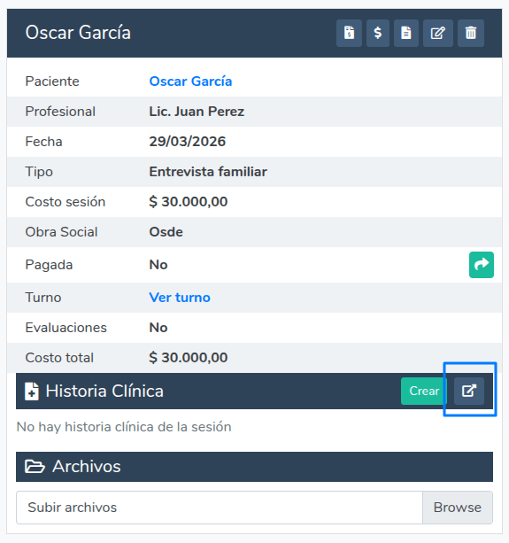 Ver historia clínica desde sesión